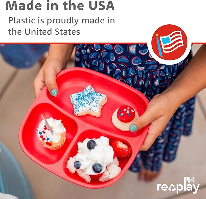 Re-Play Toddler Plates with Dividers - Deep-Walled 3 Compartments Divided Plates for Kids with 3 Lids - Dishwasher & Microwave Safe - Made in USA - Set of 3-7.37" x 7.37" x 1.25" - Desert Roses