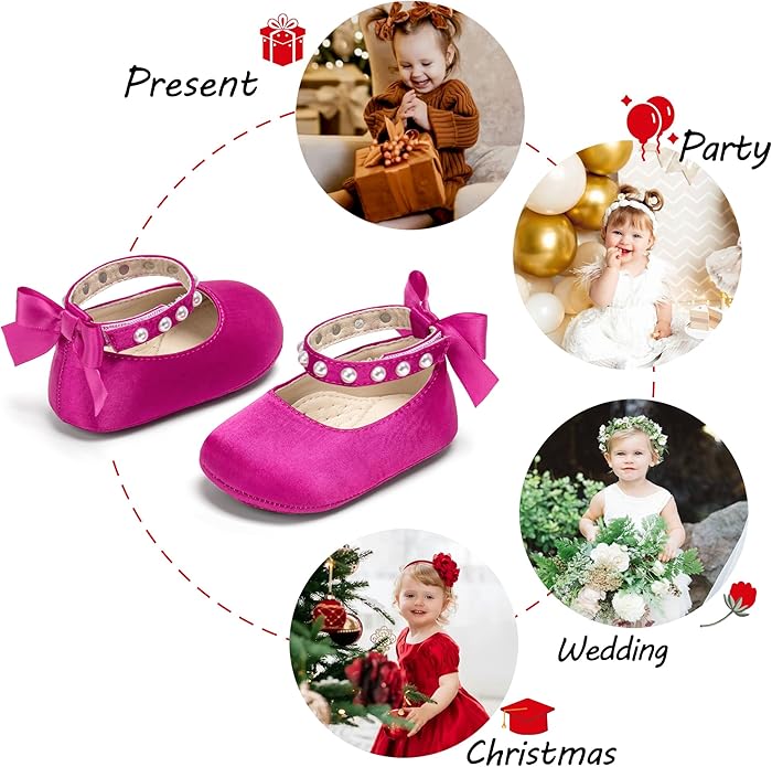 Baby Girls Mary Jane Flats - Infant Newborn Walking Shoes Soft Rubber Sole Princess Wedding