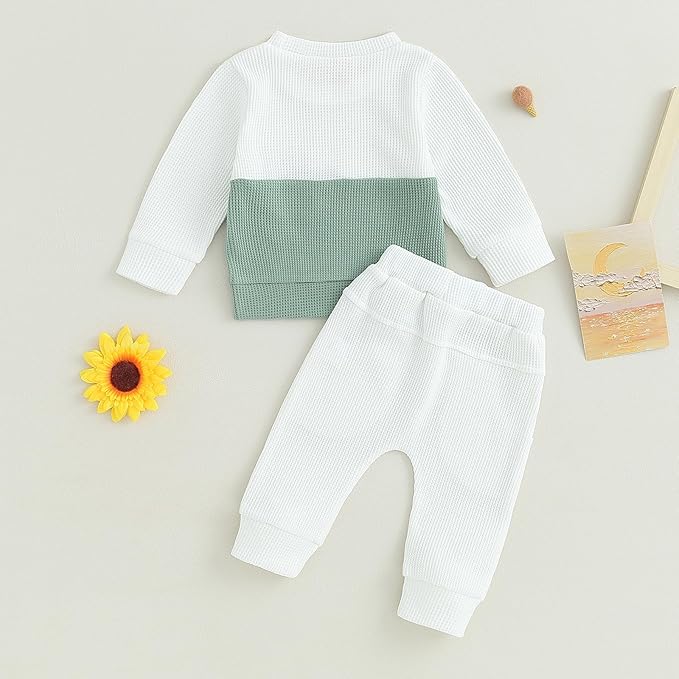 Toddler Baby Boy Fall Clothes Waffle Outfit Long Sleeve Color Blocking Sweatshirt Pullover Jogger Pant Set