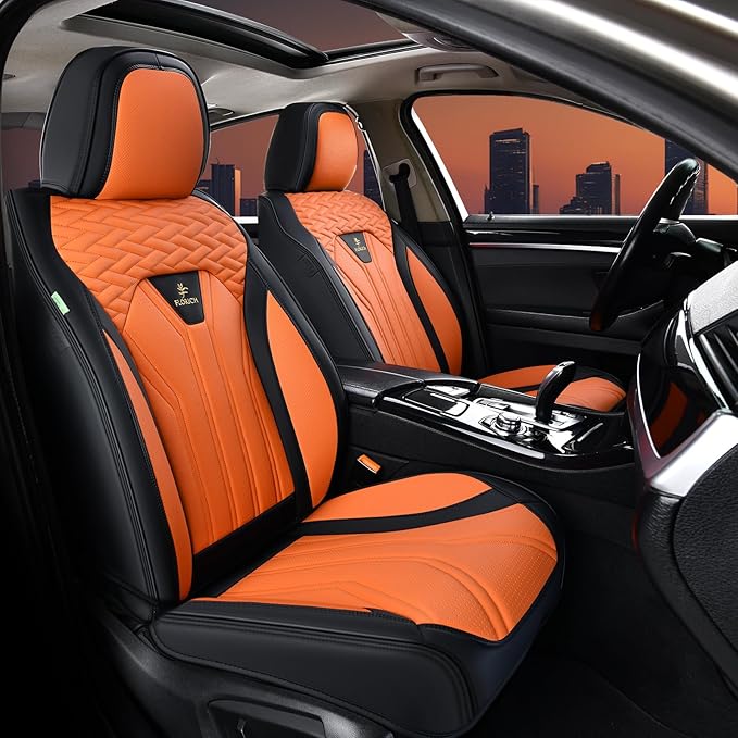 FLORICH Seat Covers for Cars, Waterproof Automotive Seat Covers, Leather Car Seat Covers 2 Pack, Universal Front Seat Cushion Protector for Most Cars Trucks SUV-Black&Orange