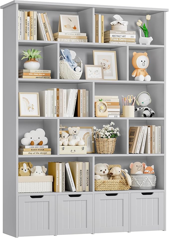 FINETONES 69" H Toy Storage Organizer, 6 Tier Tall Kids Bookshelf with 4 Movable Drawers and 12 Storage Cubbies, 49.4" W Toy Organizers and Storage Organizer Playroom Storage for Kids Room, Grey