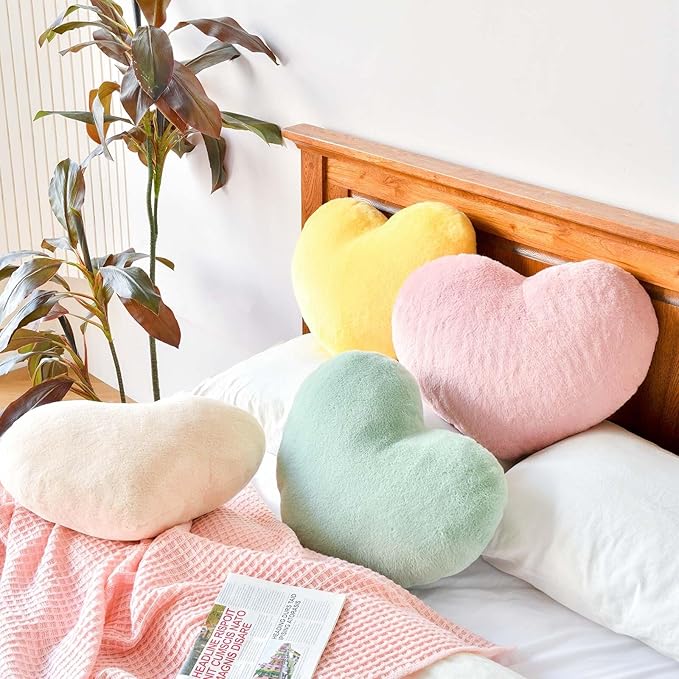 Beige Heart Pillows, Cute Heart Decorative Pillow, Heart Shaped Throw Pillows for Bed, Faux Rabbit Fur Plush Hoom Decor Pillow Cushion for Chair Sofa Living Room (Mini 12.9" x 9.8")