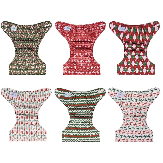 Babygoal Christmas Cloth Diapers 6 Pack with 10pcs Inserts, Reusable Adjustable Washable Baby Pocket Nappy Covers 6FN32