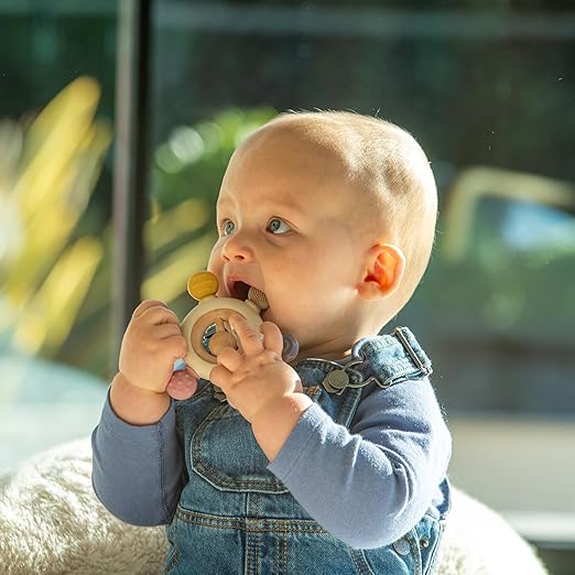 tickit Silisoft Rattle Teether | Sensory Baby Teether with Textured, Food-Grade Silicone and Natural Beechwood | Removable Wooden Rattle for Teething Relief and Development