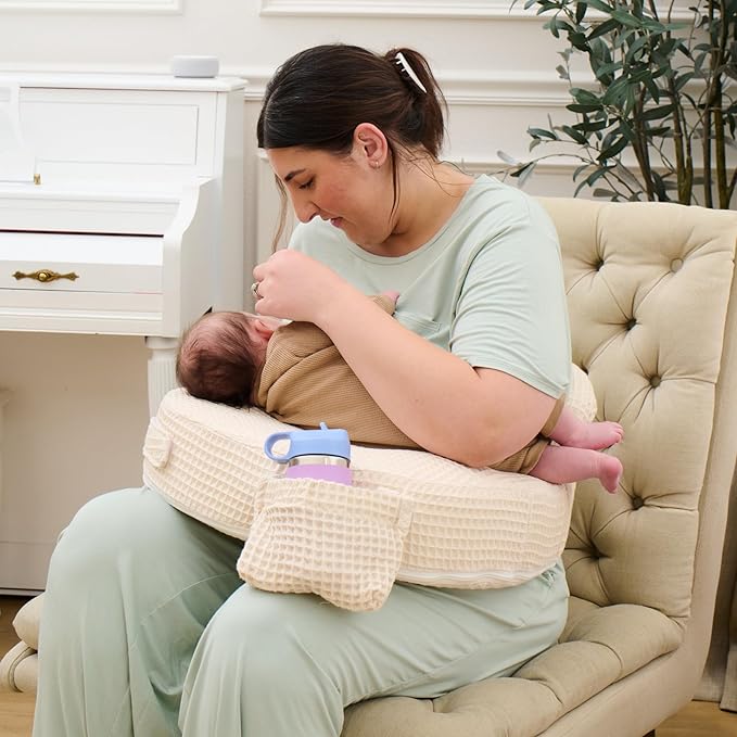 My Brest Friend Super Deluxe Nursing Pillow-Enhanced Comfort & Ergonomic Breastfeeding Pillow for Ultimate Support For Mom & Baby-Adjustable and with Handy Side Pocket,100%Woven Cotton Oatmeal Waffle