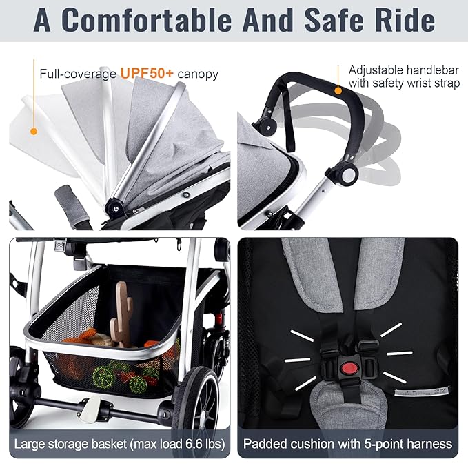 Baby Stroller, 2-in-1 Reversible Toddler Seat with Basket Mode, Foldable Infant Stroller with Canopy, One Button Brake, Adjustable Handle, Newborn Pushchair (Gray)