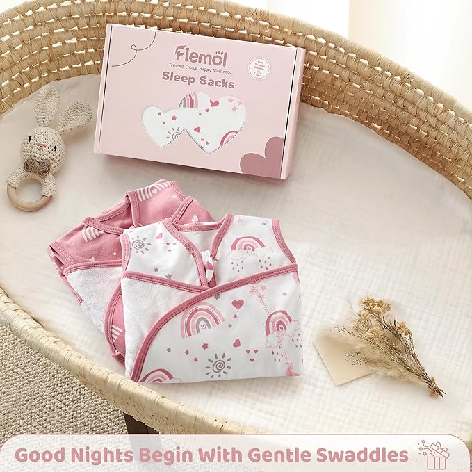 Baby Swaddle Sleep Sack 3-6 Months, Cotton Swaddles for Newborns Girls, 2-Way Zipper Transitional Infant Wearable Swaddling Blanket with Quiet Closure, 0.5 TOG 2 Pack Soft Pink Rainbow
