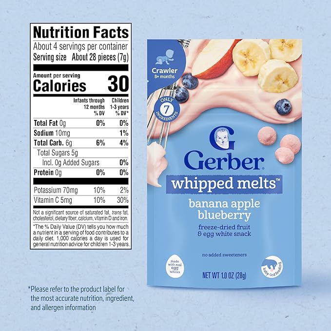 Gerber Stage 3 Baby Food Snacks, Banana Apple Blueberry Whipped Melts, Baby Led Feeding, 7PK