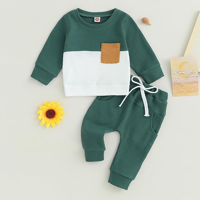 Toddler Baby Boy Fall Clothes Waffle Contrast Color Sweatshirt Pants Sets Infant Winter Outfits 6 12 18 24 Months