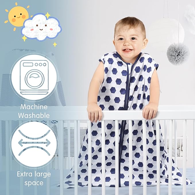 3 Pack Baby Sleep Sack 100% Rayon Cotton Baby Sleeping Bag 2-Way Zipper Toddler Wearable Blankets TOG 0.3. (Soccer&Triangles&Blue, 6-12 Months)