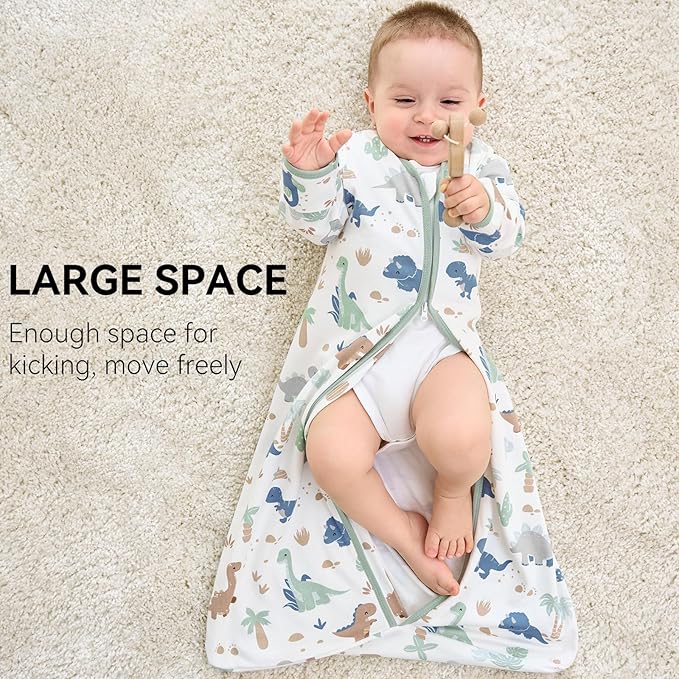 Baby Sleep Sack 18-24 Months, Long Sleeve Baby Wearable Blanket 0.5 Tog with Mittens, 2-Way Zipper Toddler Cotton Sleeping Sack for Boy and Girl Green Dinosaur 2 Pack(XLarge)