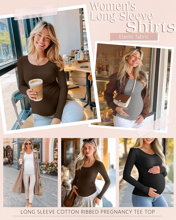 Riyiper 4 Pack Women's Maternity Shirts, Long Sleeve Cotton Ribbed Pregnancy Tee Top Crewneck Side Ruched Casual Mama Clothes
