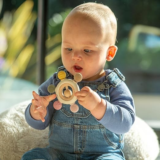 tickit Silisoft Rattle Teether | Sensory Baby Teether with Textured, Food-Grade Silicone and Natural Beechwood | Removable Wooden Rattle for Teething Relief and Development
