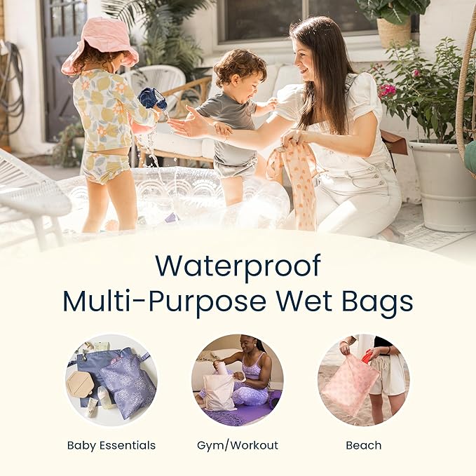 Tiny Twinkle Wet Dry Bag – 2 Pack Reusable Waterproof & Mess Proof Wet Bags for Swimsuits & Travel, Baby Towels & Beach Essentials,a Diaper Bag Must-Have(Pink, Brown Checkers)