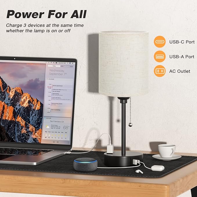 Small Bedside Lamps 3 Color Modes - Off White 3000K 4000K 5000K Bedroom Lamps with USB C and A Ports, Pull Chain Table Lamps with AC Outlet, Nightstand Lamps with Black Metal Base for Kids Reading