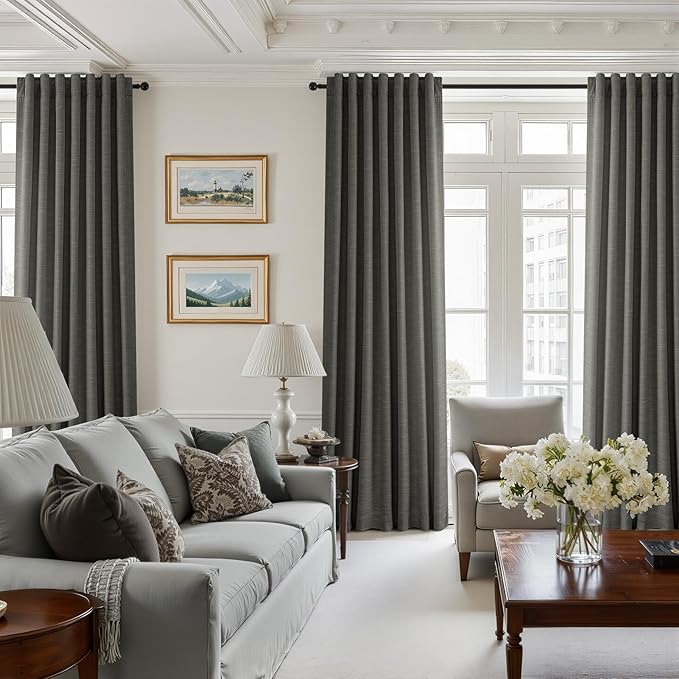 Topfinel 96 Inch Long Blackout Linen Curtains for Livingroom, Carbon Grey Viral Drapes Pinch Pleated Curtains for French Doors 2 Panels Set, Luxury Modern American Style Linen Drapes 52" W*96" L