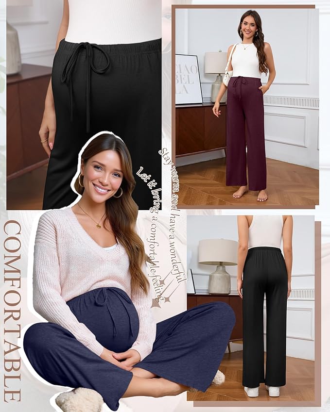 3 Pack Maternity Pants for Women Over The Belly Lounge Work Pregnancy Pants Drawing Wide Leg Trousers with Pockets