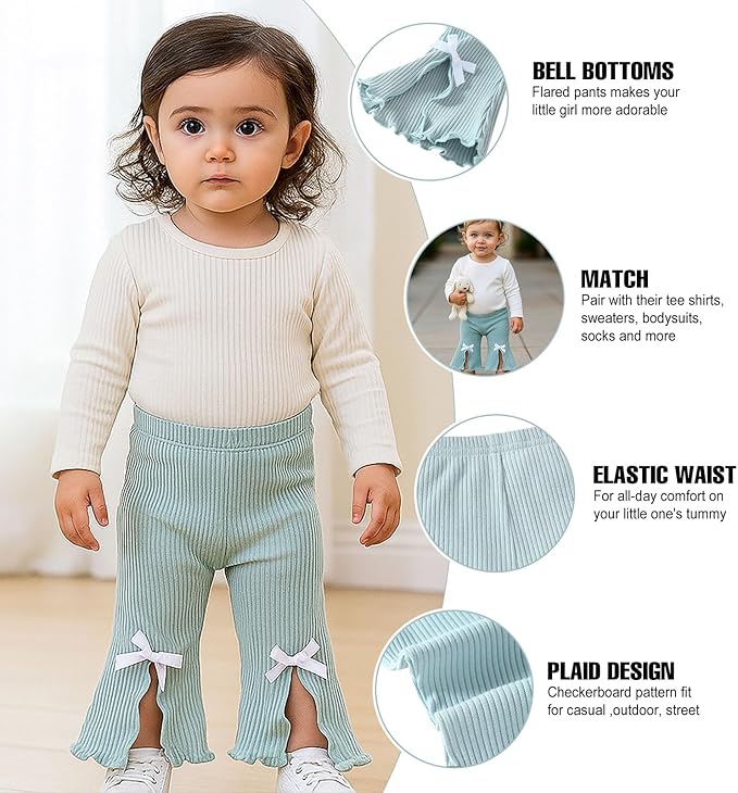 SOBOWO Baby Girl Flare Pants 3 Pack Toddler Solid Ribbed Ruffle Bell Bottoms Pants Trousers Fall Outfits