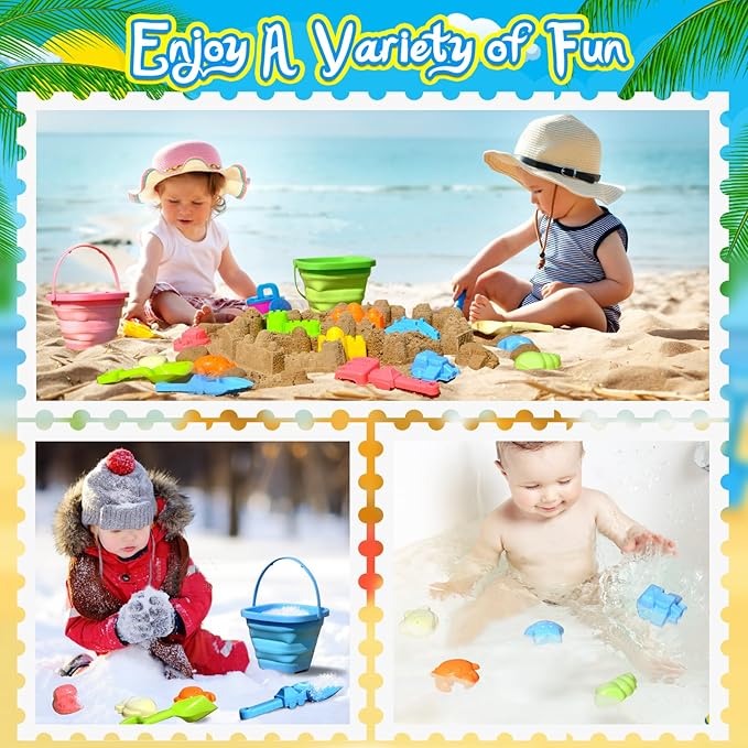 Collapsible Beach Sand Toys for Kids Toddlers,Travel Beach Toys with 3 Collapsible Sand Buckets,Shovels,Mesh Bags,Sand Molds,Castle Toys for Beach, Age 18+ Month