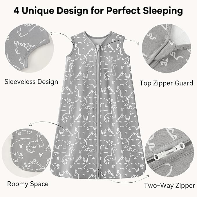 Baby Sleep Sack 0-6 Months 1.0 Tog Baby Wearable Blanket 100% Cotton Sleeping Sack with 2-Way Zipper for Infant Newborn Gray White Dinosaur