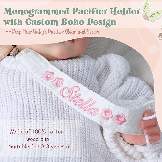 Personalized Bohemian Pacifier Clip Embroidered with Name is The Perfect Newborn Gift Made from eco-Friendly Bamboo!（Green）