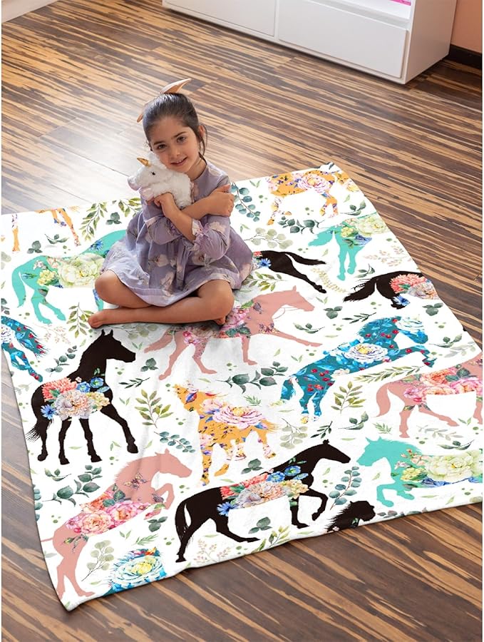 Colorful Floral Horse Blanket for Baby Girls Flowers Animals Throw Blanket for Boys, Lightweight Cute Horse Soft Flannel Blankets for Kids Gifts, 30x40 Inches