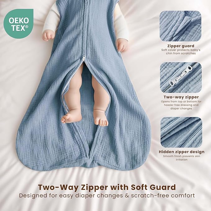 Konssy Muslin Baby Sleep Sack 6-12 Months 0.8 TOG, 2 Pack 100% Cotton Wearable Blanket for Babies, 2-Way Zipper Breathable Sleeping Sack Infant Toddler Essentials for Girls and Boys (Star, Blue)