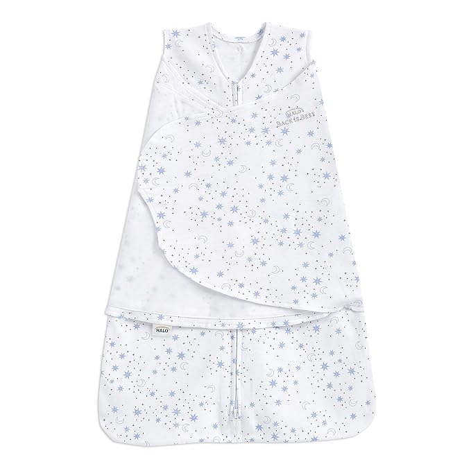 HALO 100% Cotton Sleepsack Swaddle, 3-Way Adjustable Wearable Blanket, TOG 1.5, Midnight Moons Blue, Newborn, 0-3 Months