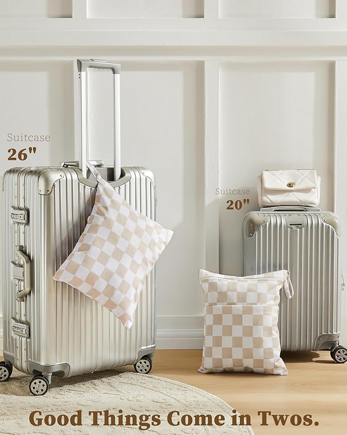 Beige Khaki Checkered Waterproof Wet Dy Diaper Bag for Baby Essentials, Travel, Swimsuit, Beach Bag Accessories, Aesthetic Trendy Cute Toddler Baby Cloth Bag Pouch, Pack of 2