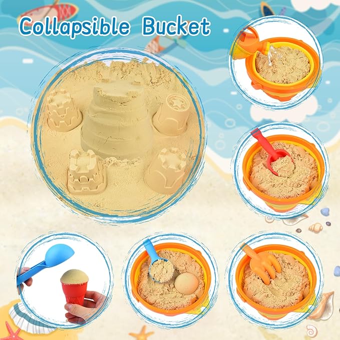 Beach Toys Set for Kids, Collapsible Sand Bucket and Shovels Set with Watering Can,Mesh Bag, Ice Cream &Animal Sand Molds,Travel Beach Toys for Toddler Boys Girls Age 3 4 5 6 7 8+