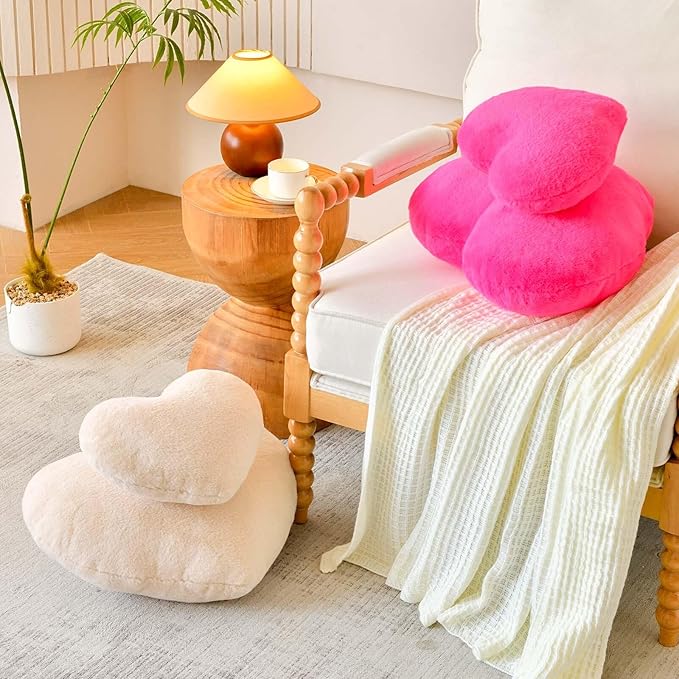 Hot Pink Heart Pillows, Cute Heart Decorative Pillow, Heart Shaped Throw Pillows for Bed, Faux Rabbit Fur Plush Hoom Decor Pillow Cushion for Chair Sofa Living Room (Large-19.6"x15.7")