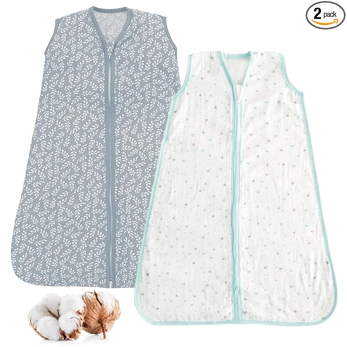 Baby Sleep Sack 12-18 Months 2 Pack, 100% Cotton Toddler Sleeping Bag, 2-Way Zipper Wearable Blanket for Baby Boy and Girl, Large, 0.5 TOG, Blue Star & Flower