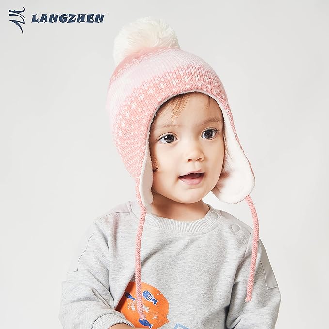 LANGZHEN Toddler Kids Infant Winter Hat,Earflap Knit Warm Cap Fleece Lined Beanie for Baby Boys Girls
