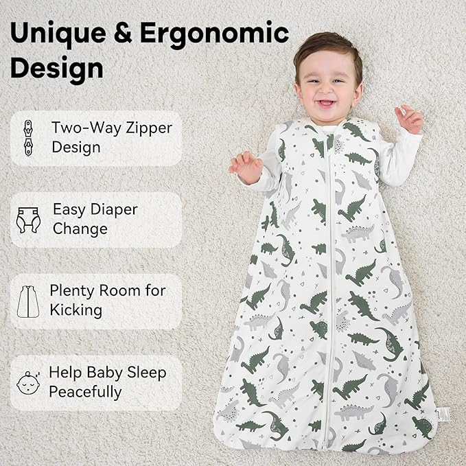 Baby Sleep Sack 6-12 Months 1.0 Tog Baby Wearable Blanket 100% Cotton Sleeping Sack with 2-Way Zipper for Infant Newborn Gray White Dinosaur