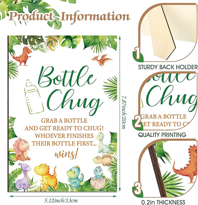 TrelaCo Dinosaur Cool Baby Shower Games Bottle Chug Sign Wooden Green Leaf Gift Sets Gender Reveal Party Favors and 12 Pcs Baby Bottle Shower Favor for Game Gender Reveal