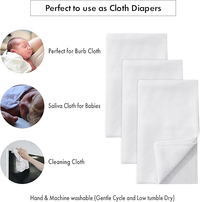 RUVANTI Unisex Birdseye Flat-Fold Cloth Diapers for Babies 24 Pack, 100% Cotton Reusable Diaper Inserts 23x23 Inches, White