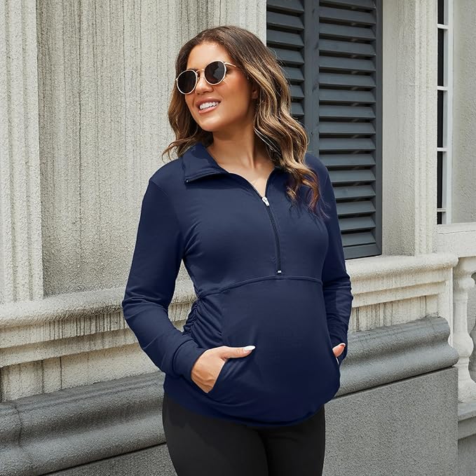 GINKANA Maternity Women's Long Sleeve Shirt Half Zipper Lapel Lightweight Casual Maternity Pullover with Pockets