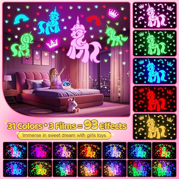 COOLNIGHT Unicorn Night Light Star Projector for Kids, 3 Films+93 Colors Kids Projector Night Light,360° Rotating All Night, Remote+Dimmable+Timer,3 Year Old Girl Gifts,4 Year Old Girl Birthday Gifts
