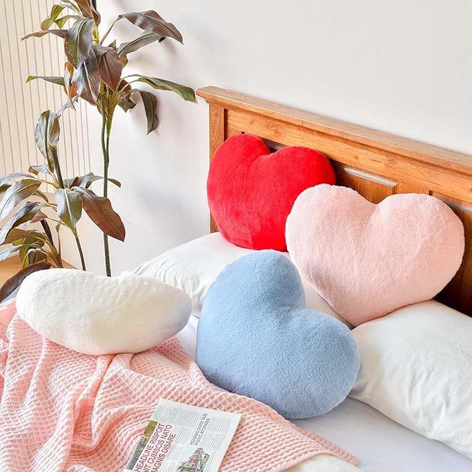 Dusty Blue Heart Pillows, Cute Heart Decorative Pillow, Heart Shaped Throw Pillows for Bed, Faux Rabbit Fur Plush Hoom Decor Pillow Cushion for Chair Sofa Living Room (Medium-15.7"x11.8")