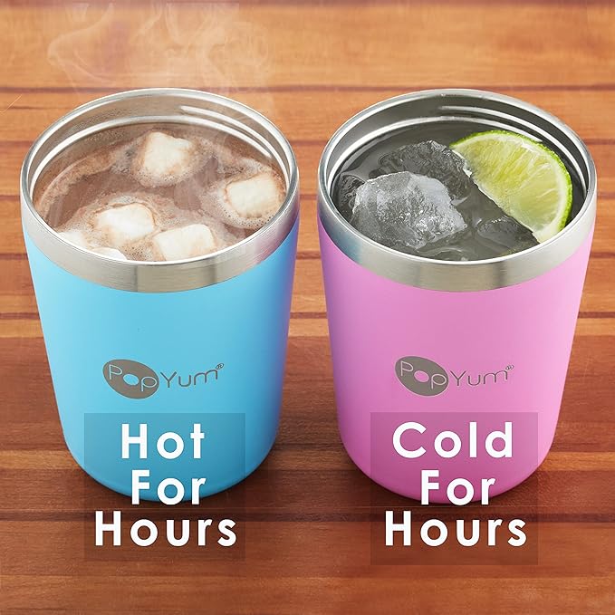 PopYum 9oz Insulated Stainless Steel Kids’ Cups with Lid and Straw, 2-Pack, Orange, Blue, stackable, sippy, baby, child, toddler, tumbler, double wall, vacuum, leak proof