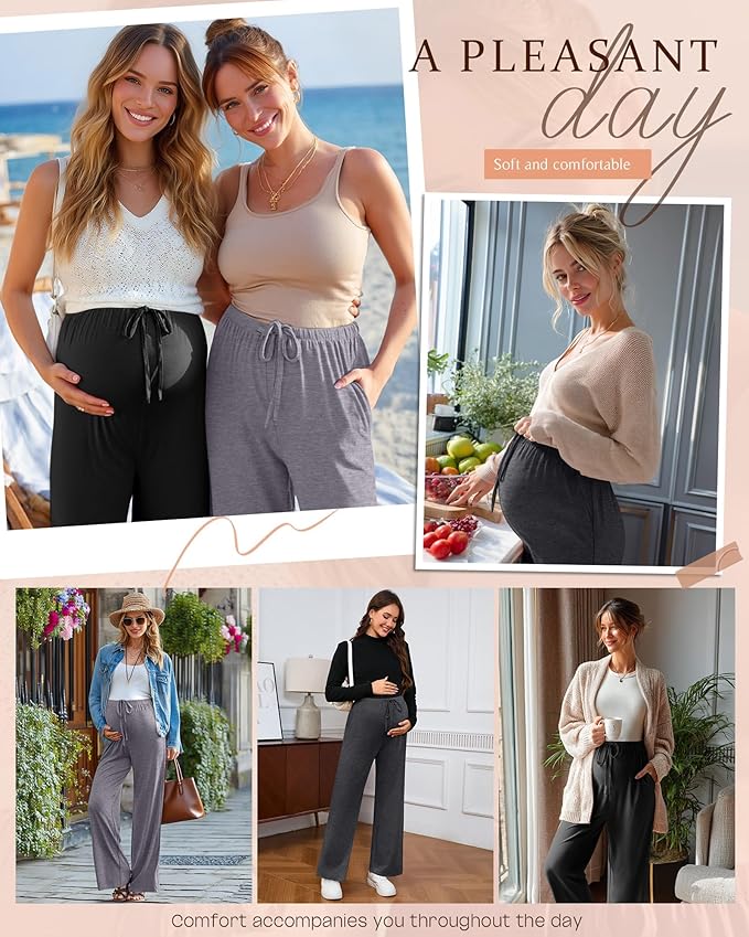 3 Pack Maternity Pants for Women Over The Belly Lounge Work Pregnancy Pants Drawing Wide Leg Trousers with Pockets
