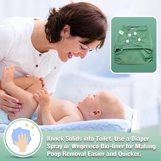 wegreeco Cloth Diapers 6 Pack with 6 Inserts & 1 Wet Bag, Washable Cloth Diapers for Babies, One Size Adjustable Reusable (Green)