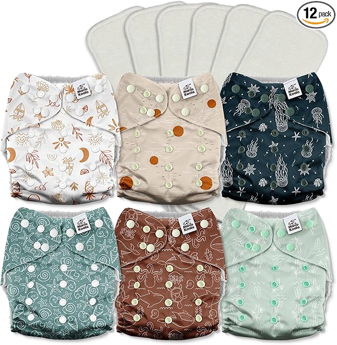Mama Koala 3.0 Cloth Diapers for Babies with AWJ Lining, 6 Pack with 6 5-Layer Natural Cloth Diaper Inserts - Reusable and Washable Pocket Diapers(A-Seashore)