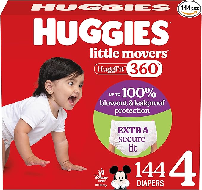 Huggies Size 4 Baby Diapers, Little Movers HuggFit 360° Baby Diapers with 360° Waistband, Size 4 (22-37 lbs), 144 Count (4 Packs of 36), Packaging May Vary