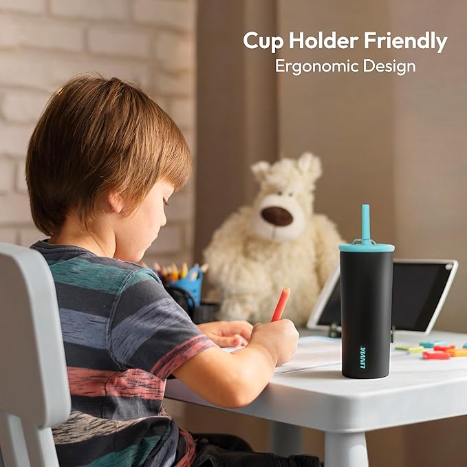 Candy Tumbler, 20 oz Kids Insulated Stainless Steel Water Bottle with Spill Resistant Silicone-Metal Straw and 2-in-1 Lid, BPA-Free, Cup Holder Friendly, Dishwasher Safe, Teal