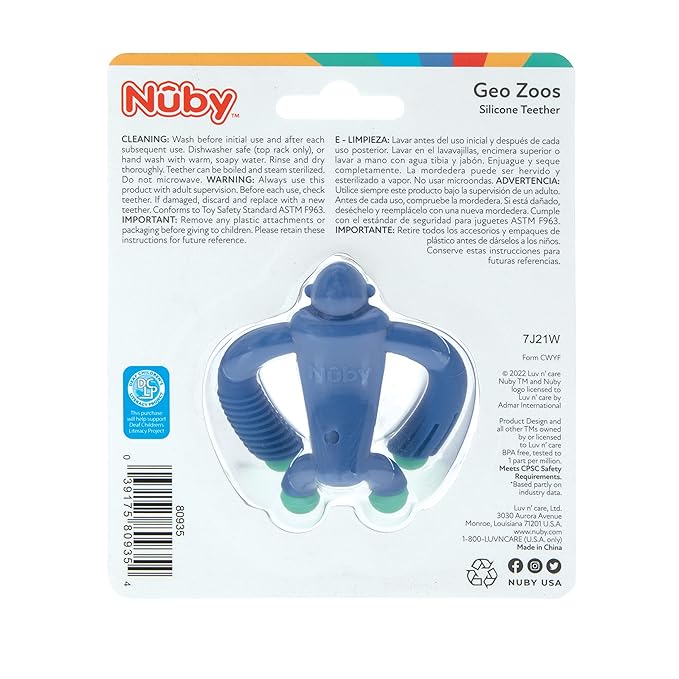 Nuby Geo Zoos Massaging Teether - Baby Teething Toy - Soft Easy Grip - 3+ Months - Blue Gorilla