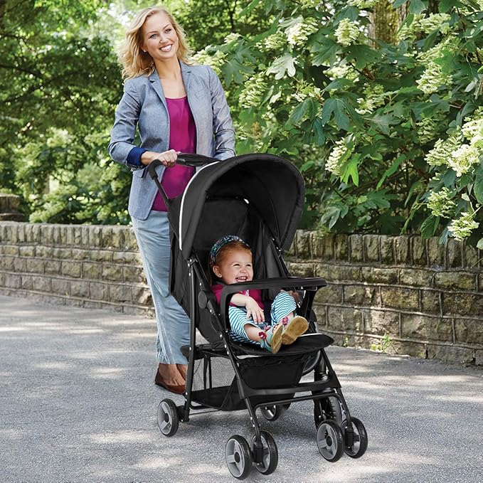 Baby Joy Lightweight Stroller, Compact Toddler Travel Stroller for Airplane, Infant Stroller w/Adjustable Backrest/Footrest/Canopy, 5-Point Harness, Storage Basket, Easy One-Hand Fold, Black