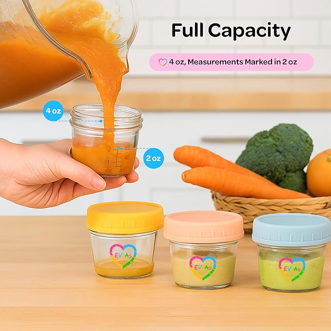 EVLAs Baby Food Containers 12-Pack - 4 oz Glass Jars with Lids - BPA-Free, Microwave, Freezer, and Dishwasher Safe Glass Baby Food Jars or Toddler Snack Containers for Kids Purees or Breastmilk