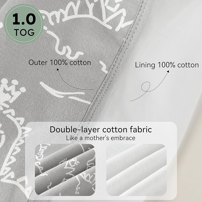 Baby Sleep Sack 6-12 Months 1.0 Tog Baby Wearable Blanket 100% Cotton Sleeping Sack with 2-Way Zipper for Infant Newborn Gray White Dinosaur
