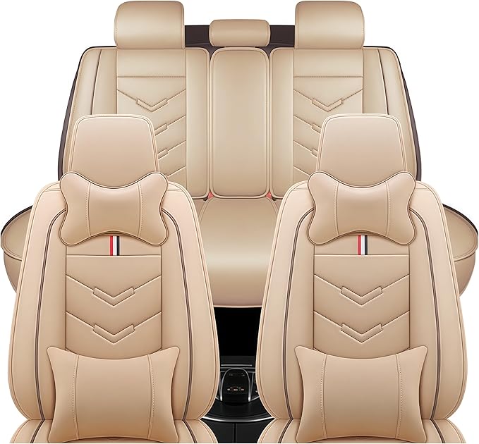 Leather Car Seat Covers Fit for LR Range Rover Evoque 2019-2025, 5 Seater Waterproof and Wear-Resistant Seat Cover Interior Accessories(Full Set with Pillow,Beige)